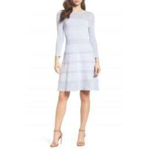 Vince Camuto Womens Small Light Blue Textured Fit & Flare Dress With Mesh Sleeve